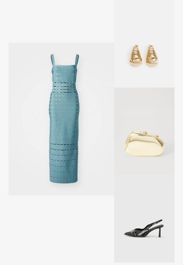 Turkio spalvos be rankovių suknelė su horizontaliais ir vertikaliais išpjovimais, papuošta metaliniais akcentais, pritaikyta prie dailaus silueto.; Juodas lakuotas odinis batelis su smailiu pirštu, kulkšnies dirželiais su sidabrinėmis sagtimis ir detalėmis, bei plonu kulnu.; Metalinis auksinis rankinukas su glotnia, suapvalinta forma, turintis viršutinį mygtuko užsegimą ir mažą grandinėlės dirželį nešiojimui.; Auksinės auskarai, kurių forma primena pailgas kūgio formas su spiraliniais raštais. Lygi paviršius su atspindinčiu finišu, papuoštas išlenktais akcentais.