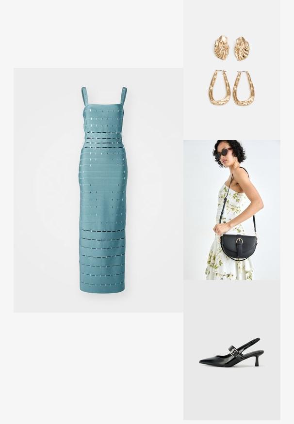 Turkio spalvos be rankovių suknelė su horizontaliais ir vertikaliais išpjovimais, papuošta metaliniais akcentais, pritaikyta prie dailaus silueto.; Juodai lakuoti slingback aukštakulniai su smailiu kojų pirštu ir mažais blokiniais kulniukais, su sidabro sagtimi ant dirželio.; Juodas odinis krepšys su išlenkta forma, nuimamu dirželiu ir auksiniais detalėmis. Krepšys turi kilpą su sagtimi.; Auksinės auskarai, turintys tekstūruotus, bangų formos elementus. Įeina skulptūriniai segami auskarai ir atviri lankai su išmuštu paviršiumi.