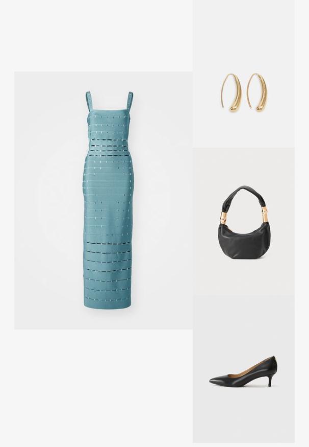 Un abito senza maniche turchese caratterizzato da ritagli orizzontali e verticali con accenti metallici, sagomato per una silhouette aderente.; Décolleté in pelle nera con punta affilata, tacco basso e texture liscia. Presenta un leggero apertura sulla parte anteriore e hardware minimale sul retro.; Borsa a tracolla in pelle nera con una forma rotonda, texture morbida e manico annodato con dettagli in metallo dorato. Chiusura con zip.; Orecchini a cerchio in metallo color oro con forma curva ed allungata. Presentano una superficie liscia e lucida e una punta arrotondata per un tocco di dettaglio in più.
