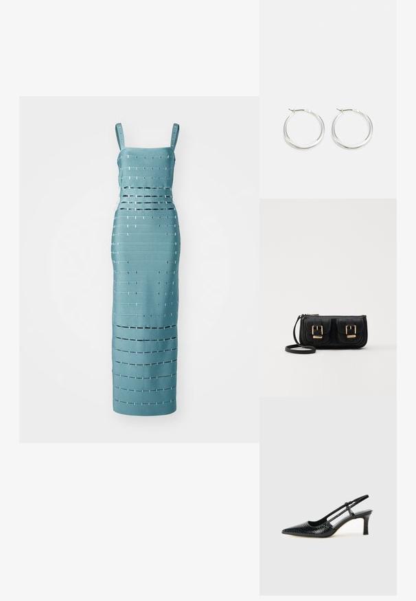 Turkusowa sukienka bez rękawów z poziomowymi i pionowymi wycięciami oraz metalicznymi akcentami, dopasowana do sylwetki.; Czarne lakierowane czółenka na obcasie typu slingback z wąskim noskiem, z teksturowanym wzorem wężowym, regulowanym paskiem oraz krótkim, teksturowanym obcasem w kształcie słupka.; Czarna skórzana torba na ramię z dwoma przednimi kieszeniami, złotymi klamrami, zamkiem błyskawicznym i cienkim paskiem. Teksturowana powierzchnia i kompaktowy prostokątny kształt.; Srebrne kolczyki w formie kół mają gładki, zaokrąglony design z cienkim profilem i bezpiecznym zapięciem. Minimalistyczny styl z polerowanym wykończeniem.