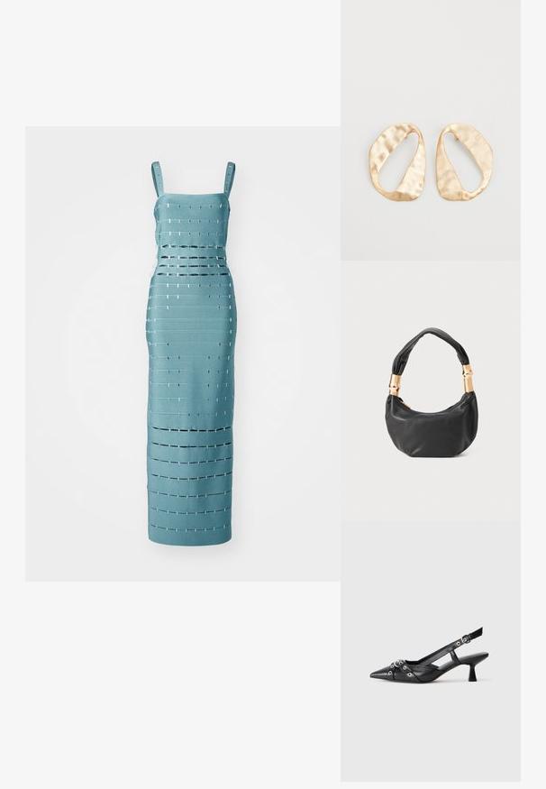 Tyrkysové bezrukávové šaty s horizontálnymi a vertikálnymi výrezmi s kovovými akcentmi, strihané na priliehavý strih.; Čierne kožené slingback topánky s špicatou špičkou, ozdobnými popruhmi s kovovými očkami a nízkym blokovým podpätkom. Textúrovaný povrch.; Čierna kožená kabelka s guľatým tvarom, príjemnou textúrou a uzlíkovou rukoväťou s akcentmi zlatého tónu. Zipsové uzatvorenie.; Pár nepravidelných oválnych zlatistých kovových náušníc s textúrovaným, mierne rozbitým povrchom na bielom pozadí.
