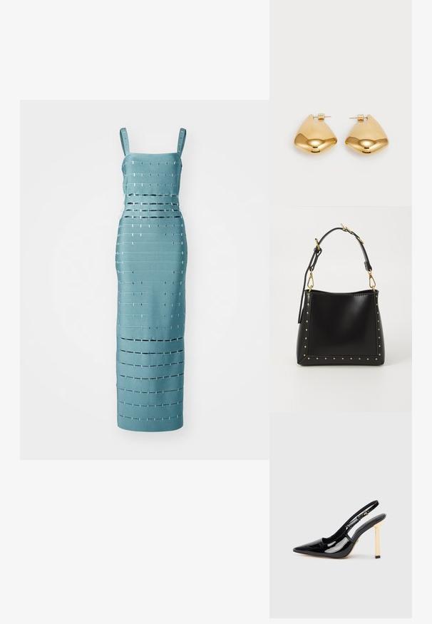 Egy tengerzöld, ujjatlan ruha, vízszintes és függőleges kivágásokkal, fémes részletekkel, amely testhez simuló sziluettet formál.; Fekete lakkbőr pántos magassarkú cipő hegyes orral és aranyszínű négyzet sarkú díszítéssel. Állítható bokapánttal rendelkezik.; Fekete bőrtáska jól definiált formával, arany szegecsekkel a széleken és levehető pánttal, arany kiegészítőkkel.; Aranyszínű fém fülbevalók sima, lekerekített háromszög alakúak, tűs hátlappal; tükröződő felület minimális díszítéssel.
