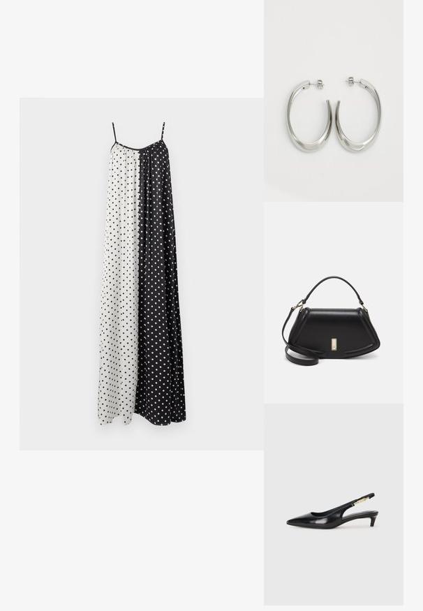 Ermeløs, lang kjole med splittedesign i svart og hvitt, hvor hver del er prydet med små prikker. Lett stoff.; Sorte lærreim hæler med spiss tå, som har en slank hæl og en gullfarget detalj på den justerbare stroppen. Glatt tekstur.; Sort lærveske med en strukturert design, som har en avkortet form, topphåndtak og detaljer i gull. Justerbar skulderstropp inkludert.; Sølvøreringer med en jevn, buet design. Har en blank metallisk finish og en studlås. Ingen synlige mønstre eller aksenter.