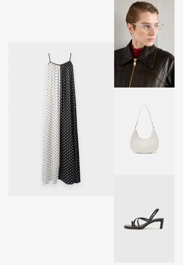 Bezrukávové, dlhé šaty s rozdeleným dizajnom v čierno-bielych častiach, z ktorých každá je zdobená malými bodkami. Ľahký materiál.; Čierne sandále na vysokom podpätku so štvorcovou špičkou a nízkym blokovým podpätkom. Obsahujú viacero tenkých popruhov a nastaviteľný členkový popruh. Vyrobené z hladkej kože.; Priehľadné acetátové mačacie okuliare s žltými tónovanými sklami, ktoré nosí osoba v tmavej koženej bunde a červenom roláku. Hladký povrch.; Krémová kožená taška na rameno v polkruhovom tvare, so tenkým popruhom a subtílnym prešívaním. Minimalistický dizajn s akcentmi z pozlátenej ocele.