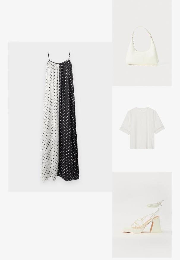 Ujjatlan, hosszú ruha, amely osztott kialakítással rendelkezik, fekete és fehér szakaszokkal, mindkettő apró pöttyökkel díszítve. Könnyű anyag.; Fehér, rövid ujjas póló, pamutból készült, díszes csipkés szegéllyel az ujjak mentén és kerek nyakkivágással.; Fehér, magassarkú szandál vastag sarokkal, pántos dizájnnal és bokapánttal. Sima textúra, elülső platformmal a megnövelt magasság érdekében.; Kicsi fehér válltáska egyetlen állítható pánttal és cipzárral, egy sima fehér háttér előtt.