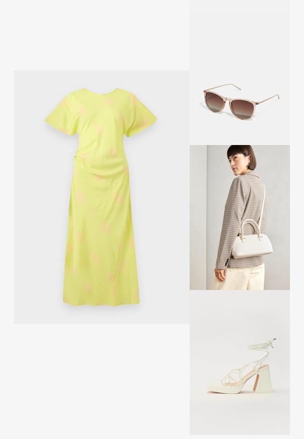 Gul maxi-kjole med korte, brede ermer. Har en myk tekstur og subtile rosa detaljer gjennom stoffet. Samlet sidelengs detalj.; Hvit høyhælte sandal med kraftig hæl, med en stroppe-design og ankelbånd. Glatt tekstur med plattform foran for ekstra høyde.; Brune gradient solbriller med en gennemsigtig pink ramme, firkantet facon og tynde metalarme. Har afrundede kanter og minimal detaljering.; Hvit strukturert håndveske med korte håndtak og skulderreim, med detaljer i gullfinish og teksturert materiale, vist mot en grå bakgrunn.