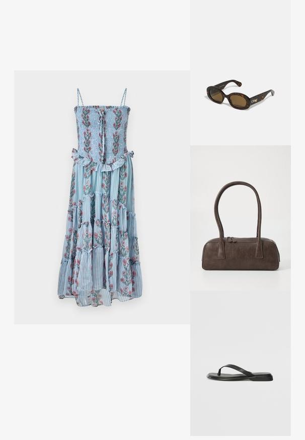 Robe maxi florale en tissu rayé bleu, avec un buste smocké et un ourlet à volants. Comprend des bretelles spaghetti et des motifs floraux en rose et vert.; Tongs noires en cuir lisse, avec un design de sangle fine et une semelle plate à profil minimal. Aucun motif ou accent notables.; Lunettes de soleil en écaille de tortue avec des montures ovales, des verres teintés bruns et le logo "Chloé" sur la branche. Matériau en plastique lisse avec finition brillante.; Sac à main en cuir marron avec deux poignées robustes, de forme rectangulaire, texture lisse et fermeture zippée. Design minimaliste sans motifs visibles.