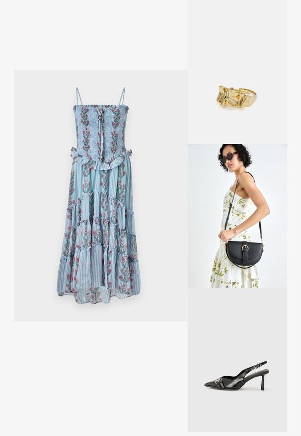 Virágmintás, kék csíkos maxi ruha, smockolt felsőrésszel és fodros alsó résszel. Spagetti pántokkal rendelkezik, és rózsaszín és zöld virágmintákkal díszített.; Fekete lakk bőr, hegyes orrú slingback cipő, boka pántokkal, ezüst csatokkal és hardverelemekkel, valamint karcsú sarkú.; Fekete bőrtáska ívelt formával, levehető pánttal és arany színű fémrészekkel. A táskán egy csattal díszített fedél található.; Aranygyűrű texturált, hullámos dizájnnal, három kiemelkedő csúccsal. Simább, fényes felület és nyitott sáv az állítható illeszkedés érdekében.