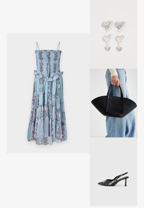 Virágmintás, kék csíkos maxi ruha, smockolt felsőrésszel és fodros alsó résszel. Spagetti pántokkal rendelkezik, és rózsaszín és zöld virágmintákkal díszített.; Fekete lakk bőr, hegyes orrú slingback cipő, boka pántokkal, ezüst csatokkal és hardverelemekkel, valamint karcsú sarkú.; Fekete bőr kézitáska egyedi legyezőformával, lapos füllel. A felülete kőriszerű textúrájú és minimalista dizájnnal rendelkezik.; Ez az ezüst szív alakú fülbevaló sima, átlátszó kövekkel rendelkezik, texturált kerettel. A készlet stud és csepp stílust is tartalmaz.