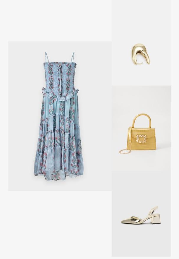 Floral maxi dress with blue striped fabric, smocked bodice, and ruffled hem. Features spaghetti straps and floral patterns in pink and green.; Gold, metallic slingback heels with a pointed toe and chunky heel. Smooth texture, minimalistic design, and a narrow strap.; Yellow faux-crocodile handbag with a structured design, top handle, detachable chain strap, and decorative crystal embellishment on the clasp.; Gold-tone metal earring with a sleek, curved design. Features a distinctive pointed shape, polished surface, and hinge closure.