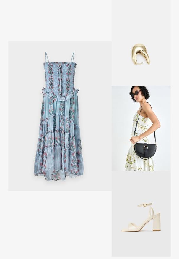 Blomster maxi-kjole med blåstripet stoff, smocket liv og volangkant. Har spaghettistropper og blomsterdesign i rosa og grønn.; Kremfargede helte sandaler med åpen tå, tykk blokkheel, tynn ankelstropp og subtil glansfinish. Spenneakcent på stroppen.; Svart lærveske med en buet form, avtagbar stropp og gullbeslag. Vesken har et klaff med spenne-detall.; Gullfarget metalløredobber med et elegant, buet design. Har en karakteristisk spiss form, polert overflate og hengsel-lukking.