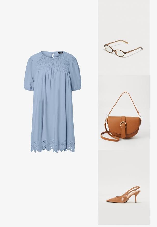 Light blue dress with a round neckline, smocked bodice, puff sleeves, and a scalloped hem featuring intricate cutout patterns.; Pointed toe slingback heel in a smooth, glossy tan material. Features a curved cutout design and a slender stiletto heel. Silver buckle detail.; Brown tortoiseshell glasses with oval lenses, thin arms, and transparent accents. Features a subtle logo on the temple. Sleek, lightweight design.; Brown leather crossbody bag with a curved shape, gold hardware, and a buckle accent. Features a detachable shoulder strap.