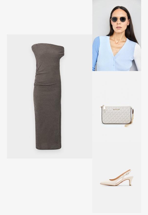 Olkapäiltä avonainen, istuva mekko tummanharmaasta ribbikankaasta, jossa on sivurypytyksiä ja suora siluetti, joka ulottuu polven alapuolelle.; Valkoinen slingback-korkokenkä, jossa on terävä kärki, sileä päällismateriaali, matala lohkokorko ja sivuaukko-design säädettävällä soljella.; Pyöreät aurinkolasit, joissa on tummat linssit ja kultaiset kehykset. Mallilla on päällään vaaleansininen, ribatusta materiaalista valmistettu neuletakki, jossa on napit ja kontrastiväriset valkoiset hihat.; Michael Kors kääröbeige pinnoitettua kangasta, jossa on toistuva MK-logo -kuvio, kultaiset yksityiskohdat ja irrotettava ketjuhihna.