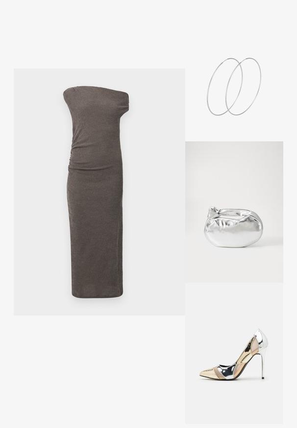 Axelklädd, figurnära klänning i mörkgrå rynkad tyg, med sidofåll och en rak siluett som når under knäet.; Spetsig tå högklackad sko med en färgpalett av silver, guld och nude. Glansig yta med utskärningsdesign, utrustad med en stilettklack.; Silverfärgad metallisk påse med en mjuk, rundad form och en knutstängning upptill. Tillverkad av ett mjukt material i konstläder.; Silverfärgade hoopörhängen med en minimalistisk design. Cirkulär form, slät yta och tunn profil. Lätta med en polerad finish.