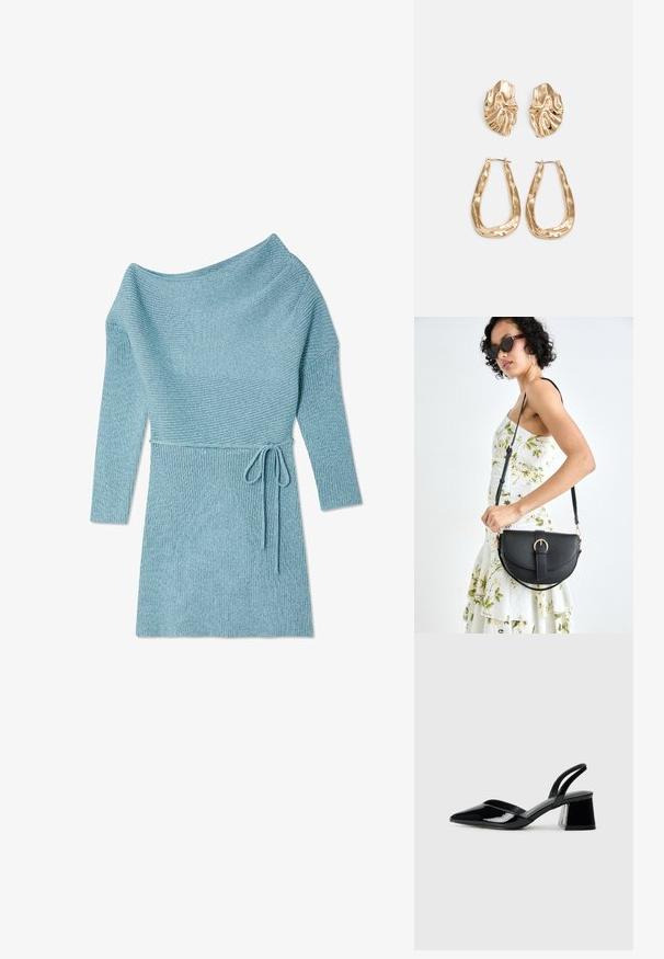 Pletené šaty v svetlomodrej farbe s voľným výstrihom na rameno, rebrovanou textúrou, dlhými rukávmi a s uväzovaním v páse.; Čierne lakované kožené sandálové podpätky s špicatou špičkou a geometrickým blokovým podpätkom. Disponujú elegantným, minimalistickým dizajnom a hladkým povrchom.; Čierna kožená kabelka s zaobleným tvarom, odnímateľným popruhom a zlatými doplnkami. Kabelka má klopu s detailom s prackou.; Náušnice v zlatej farbe s textúrovanými, vlnitými tvarmi. Obsahujú sochárske klipsové náušnice a otvorený tvar krúžku s kladivkovým povrchom.