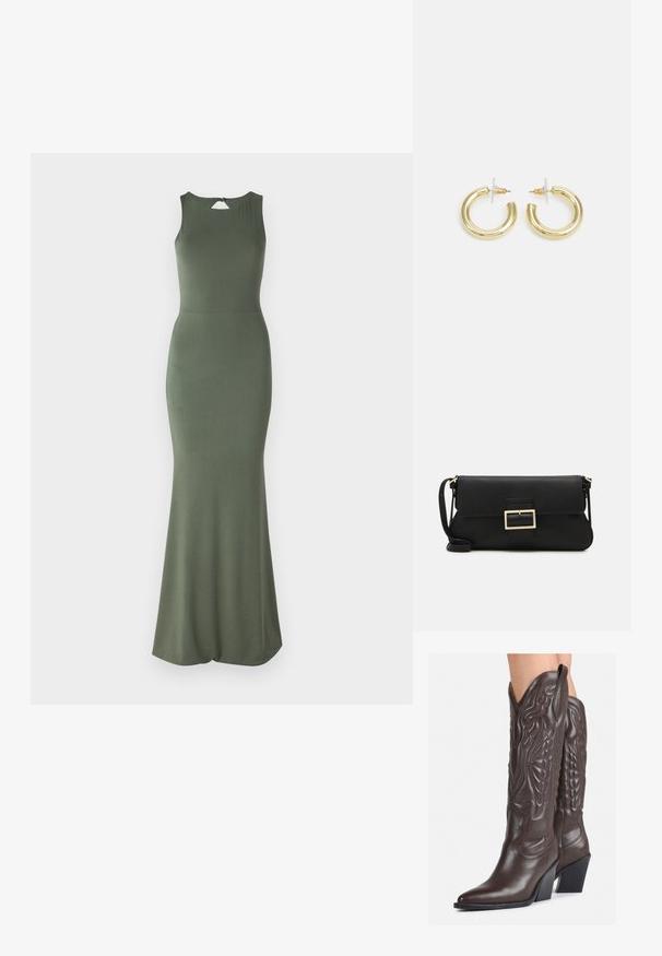 Olívazöld, ujj nélküli ruha, testhez simuló felső résszel és bővülő szoknyával. Hátsó kis lyuk részlet jellemzi, valamint sima, nyúlt anyagból készült.; Barna bőr cowboy csizmák hegyes orral és blokk sarkal, részletes varrással és kiemelkedő díszítésekkel a szárán.; Fekete bőr kézitáska hajtóka részlettel és aranyszínű fém csattal. Tartalmaz egy fekete pántot és egy letisztult, minimális dizájnt.; Arany fülbevalók sima, fényes felülettel. Kör alakú dizájn, amely kis kapoccsal és átlátszó tartozékkal rendelkezik a biztonságos viselés érdekében.