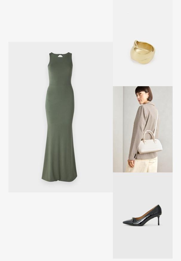 Vestido sem mangas, verde-azeitona, com um corpete ajustado e saia rodada. Apresenta um detalhe em forma de fenda nas costas e é feito de um material liso e elástico.; Sapato de salto alto em couro laqueado preto com bico fino, detalhe de tira decorativa na parte da frente e um salto agulha fino.; Bolsa estruturada branca com alças curtas e uma alça de ombro, com detalhes em hardware dourado e material texturizado, exibida contra um fundo cinza.; Anel dourado com um design liso e torcido. Apresenta uma superfície polida e bordas arredondadas, criando uma forma fluida e sem costura.