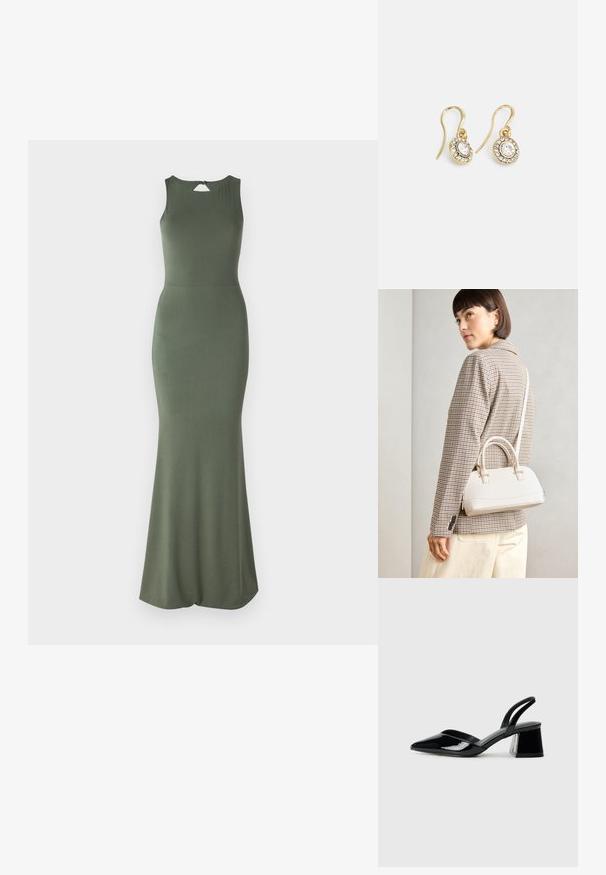 Olivgrön, ärmlös klänning med figursydd överdel och utsvängd kjol. Har en nyckelhålsdetalj i ryggen och ett mjukt, stretchigt material.; Svarta lackläder slingback klackar med spetsig tå och geometrisk klack. Har en elegant, minimalistisk design och slät yta.; Vitt strukturerat handväska med korta handtag och en axelrem, med gyllene detaljer och texturerat material, visad mot en grå bakgrund.; Guldtonade örhängen med ovalformade klara kristaller omgivna av mindre klara stenar, med en krokdesign för säker användning.