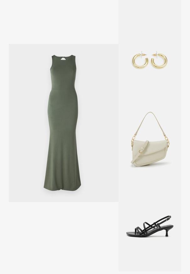 Alyvos žalios spalvos, be rankovių suknelė su prigludusia liemene ir plačia sijona. Yra nugaros rakto skylutės detalė ir lygi, tampri medžiaga.; Juodos aukštakulnės šlepetės su keliais perrištomis juostelėmis. Lygi medžiaga, smailas nosis ir siauras kulnas. Reguliuojama kulkšnies juostelė su sagtimi.; Mažas kreminis rankinukas su tekstūruotu paviršiumi, ilga reguliuojama juostele, grandinėle ir užsegimu su atvartu. Aukso detalės.; Aukso auskarai su lygiu, blizgiu paviršiumi. Apvalus dizainas su maža užrakto dalimi ir skaidria atrama saugiam nešiojimui.