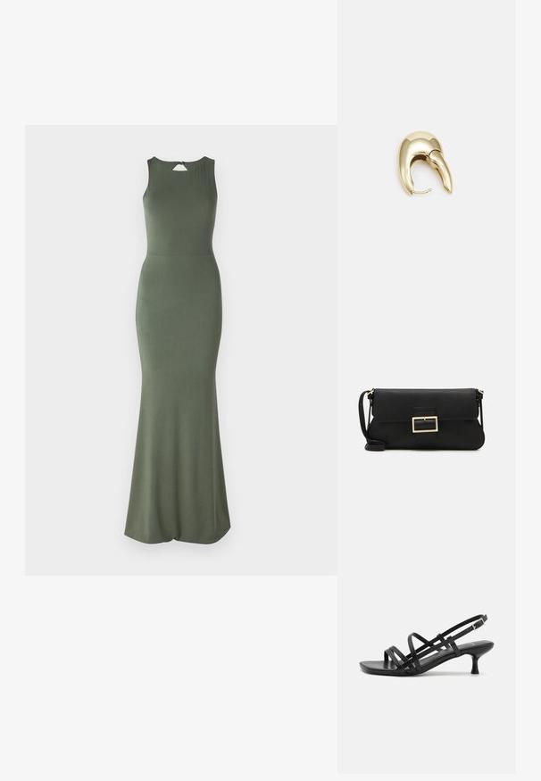 Olivově zelené šaty bez rukávů s přiléhavým korzetem a rozšířenou sukní. Obsahují detail klíčové dírky na zadní straně a hladký, elastický materiál.; Černé sandály na podpatku s několika křížovými pásky. Hladký materiál, špičatá špička a úzký podpatek. Nastavitelný pásek kolem kotníku s přezkou.; Černá kožená psaníčko s klopou a zlatým kovovým detailním sponou. Součástí je černý popruh a elegantní, minimalistický design.; Náušnice ve zlatém tónu z kovu s elegantním zakřiveným designem. Vyznačují se jedinečným špičatým tvarem, lesklým povrchem a závěsem na kloub.