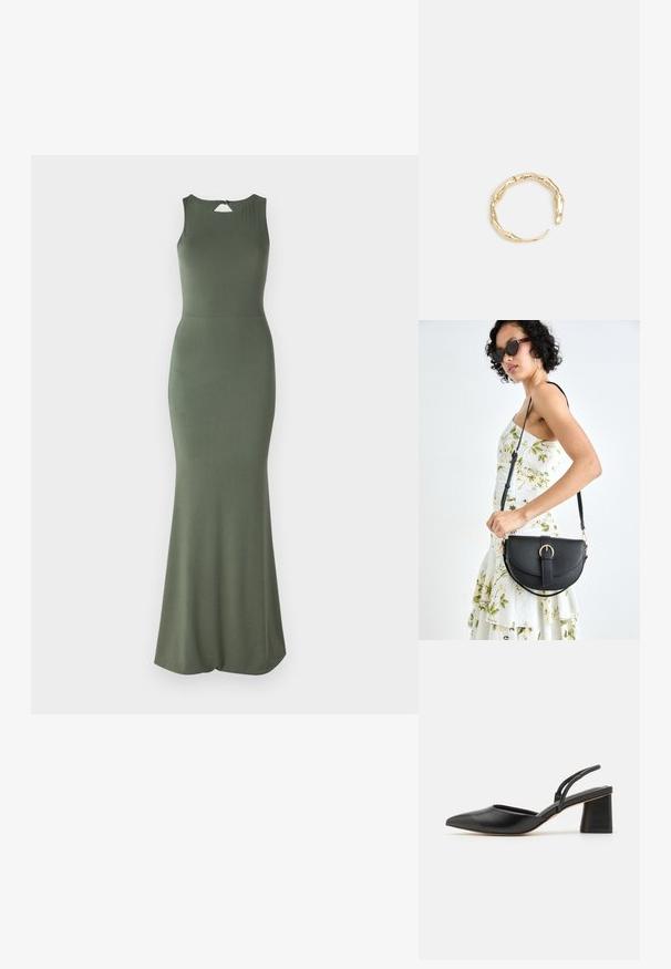 Maslinasto zelena, haljina bez rukava s uskim korzetom i raširenom suknjom. Ima detalj u obliku ključa na leđima i glatki, rastezljivi materijal.; Crna cipelica s otvorenom petom i špicastim prstima napravljena od glatke kože, s niskom blok petom i tankim trakama straga za sigurno prianjanje.; Crna kožna torba s lukovitim oblikom, odvojivim remenom i zlatnim detaljima. Torba ima preklop s kopčom.; Prsten u zlatnoj nijansi s organskim, uvijenim dizajnom, glatkom teksturom i suženim krajevima, koji stvara moderan, skulpturalni izgled.