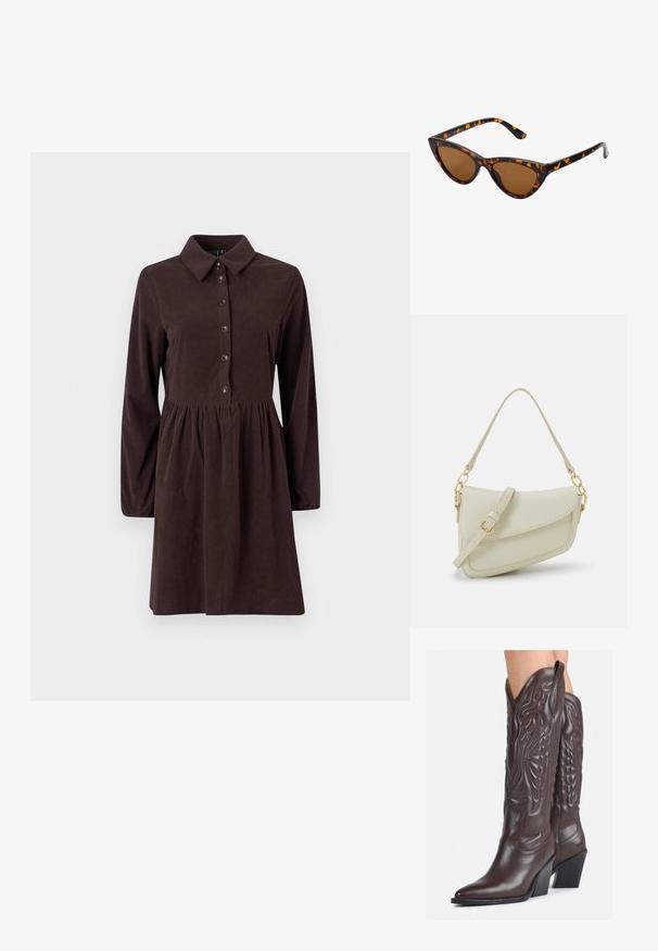 Hnědá kordurová šaty s límečkem, dlouhými rukávy, předním zapínáním na knoflíky a nabraným pasem s rozšířenou sukní.; Hnědé kožené kovbojské boty s špičatou špičkou a blokovým podpatkem, se zdobným prošíváním a vyvýšenými akcenty na nárazu.; Sluneční brýle ve stylu kočičích očí s černo-oranžovým želvovinovým rámem, hnědými skly a elegantními, špičatými konci. Obsahují minimalistické logo na straně.; Malá krémová kabelka s texturovaným povrchem, dlouhým nastavitelným popruhem, řetízkovým akcentem a klopou. Ozdobné detaily zlaté barvy.