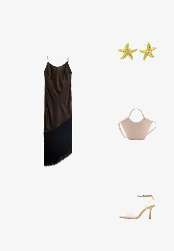 Satin-Überwurfkleid in Dunkelbraun, mit einer figurbetonten Passform, asymmetrischem Saum und schwarzen Fransenakzenten.; Durchsichtige Sandale mit transparentem Obermaterial, beigem Fußbett und einem schlanken Knöchelriemen. Sie hat eine spitz zulaufende Zehenpartie und einen dünnen, hohen Absatz.; Beige Lederhandtasche mit einer einzigartigen Form, die zwei kurze Henkel und einen langen verstellbaren Riemen aufweist. Glatte Textur mit minimalen Hardware-Elementen.; Sternförmige Ohrringe aus leuchtend grünem Emaille mit goldfarbenen Perlenakzenten entlang der Arme. Mit post-back Verschluss für sicheren Halt.