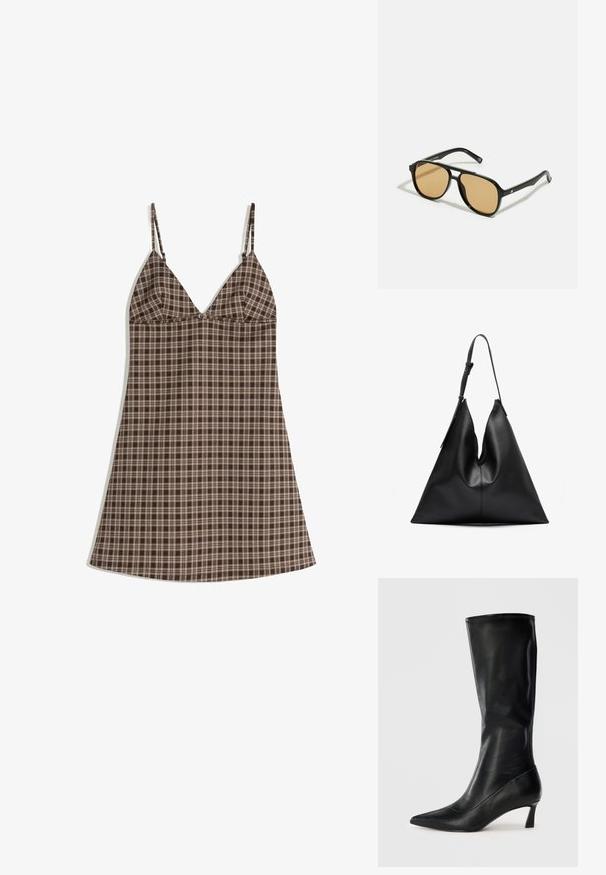 Hnědo-beige kostkované šaty s tenkými ramínky, s výstřihem do V a volným střihem. Vyrobené z lehké tkaniny s hladkou texturou.; Černá kožená vysoká bota po kolena s špičatou špičkou a umírněným podpatkem. Hladký povrch a elegantní design s jemnými švy.; Černé sluneční brýle s hnědými tónovanými čočkami; obdélníkový tvar s tlustým rámem, včetně jemných kovových akcentů na stranách.; Černá kožená trojúhelníková kabelka s jedním nastavitelným ramenním popruhem a měkkou, mírně povolenou strukturou.