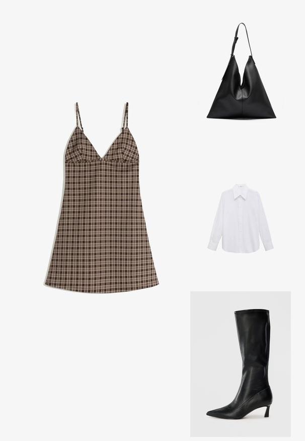 Brown and beige plaid dress with thin straps, featuring a v-neckline and a relaxed fit. Made of lightweight fabric with a smooth texture.; White long-sleeve button-up shirt with a wide spread collar, featuring a smooth texture and front button closure.; Black leather knee-high boot with a pointed toe and a modest heel. Smooth texture and sleek design with subtle stitching details.; Black leather triangular handbag with a single adjustable shoulder strap and a soft, slightly slouched structure.
