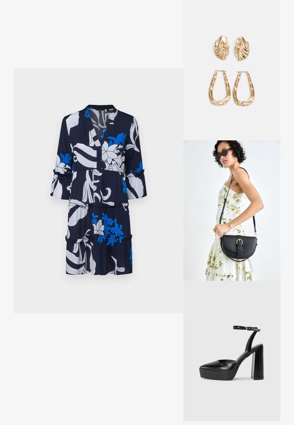 Laaja tummansininen mekko, jossa on valkoisia ja sinisiä kukkakuoseja, V-pääntie, kolme neljännesvartta ja röyhelöhelma joustovyöllä.; Mustat korkeat platform-kengät, joissa on terävä kärki ja säädettävä nilkkaremmi. Valmistettu sileästä nahasta ja varustettu paksulla lohkokorkeudella.; Musta nahkainen käsilaukku, joka on kaareva muotoilultaan, irrotettavalla hihnalla ja kultaisilla yksityiskohdilla. Laukussa on läppä, jossa on solk yksityiskohta.; Korukultainen korvakorut, joissa on teksturoituja, aaltoilevia muotoja. Mukana on veistokselliset klipsikorvakorut ja avoin rengasmalli, jossa on vasaroitu pinta.