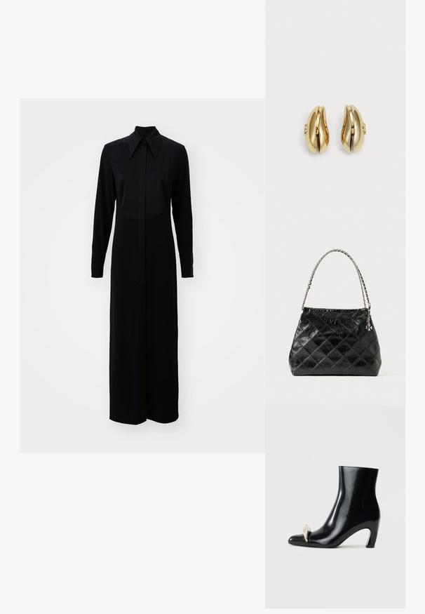 Mustassa pitkähihaisessa mekossa on napitus edessä, klassinen kaulus ja suora siluetti, joka on valmistettu sileästä kankaasta.; Mustat nilkkurit, jotka on valmistettu kiiltävästä nahasta, ja joissa on terävä kärki sekä koristeellinen kultainen ja hopeinen aksentti edessä. Laiton korko.; Musta tikattu nahkalaukku, jossa hopeinen ketjuvannettava, rakenteellinen muotoilu ja sileä pinta.; Korvatekniikalla muotoillut kultasävytteiset korvakorut. Jokaisessa korvakorussa on sileäpintainen pinta ja pieni lukko, jossa on koristeellinen yksityiskohta.