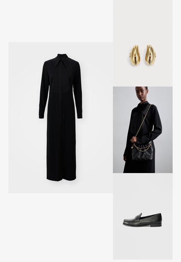 Melnas garas piedurknes kleita ar pogu priekšpusi, klasisku apkakli un taisnu siluetu, kas izgatavota no gludas auduma.; Melnas ādas loafers ar noapaļotu purngalu, paaugstinātiem izšuvumiem un zemu sakrautu papēdi. Gluda tekstūra ar smalku spīdumu.; Melna kvadrātveida ādas rokassomiņa ar salocītu augšu, zelta ķēdes siksnu un taisnstūra formu, turēta pret vienkāršu fona.; Zelta tonis auskari ar plūstošu, izliekta dizaina formu. Katrs auskar ir ar gludu virsmu un nelielu aizdari ar dekoratīvu detaļu.