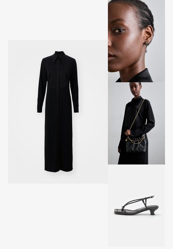 Rochie neagră cu mâneci lungi, dotată cu un decolteu clasic și un fronț cu nasturi, având o siluetă dreaptă dintr-un material neted.; Sandale negre din piele cu curele subțiri, toc mic pătrat și vârf pătrat. Prezintă o închidere cu cataramă și o textură netedă.; Geantă de mână din piele quinoa neagră, cu vârf adunat, curea din lanț auriu și formă rectangulară, ținută pe un fundal simplu.; Cerceii cu studs florali de aur au un centru texturat de culoare neagră și detalii delicate. Pielea clară a modelului și părul împletit sunt vizibile în profil.