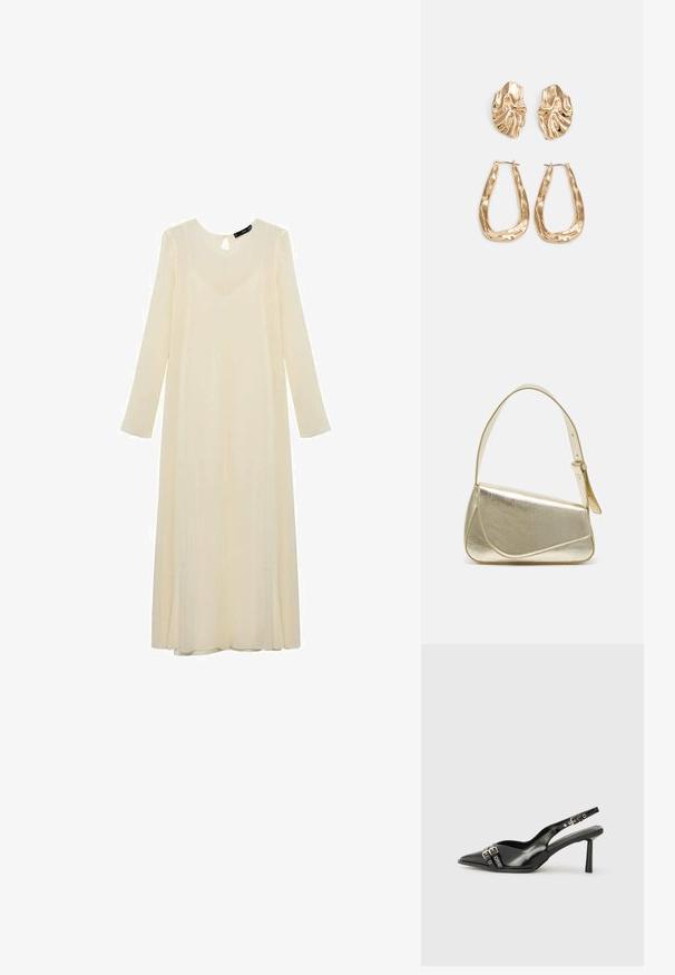 Krémové šaty s dlouhým rukávem a výstřihem ve tvaru klíčové díry, vyrobené z lehkého materiálu, které mají splývavý střih a jemný lesk.; Černá lakovaná slingback obuv s špičatou špičkou, kotníkovými pásky s kovovými sponami a příslušenstvím, a štíhlým podpatkem.; Zlatá metalická kabelka se strukturovaným designem, hladkým povrchem a nastavitelným popruhem. Disponuje unikátním trojúhelníkovým tvarem a minimalistickým prošitím.; Náušnice ve zlatém tónu s texturovanými, vlnitými tvary. Obsahují sochařské klipy a design otevřeného kruhu s kladivkovým povrchem.