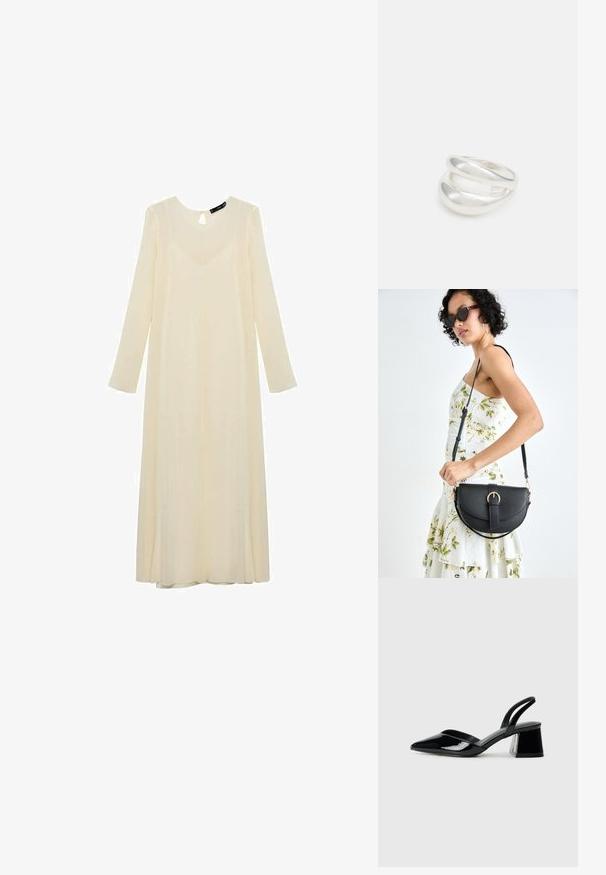 Kremna dolga obleka s ključavnico na vratu, izdelana iz lahkotnega materiala, zračna silhueta in blago sijoča struktura.; Črne lakirane slingback pete s koničastim nosom in geometrijsko blokasto peto. Imajo eleganten, minimalističen dizajn in gladko teksturo.; Črna usnjena torbica s ukrivljeno obliko, z odstranljivo naramnico in zlatimi dodatki. Torbica ima pokrov s podrobnostmi v obliki zaponke.; Srebrn dvojni prstan z gladko, polirano površino. Ima tekoč, ukrivljen dizajn z prekrivajočimi se sekcijami za sodoben videz.
