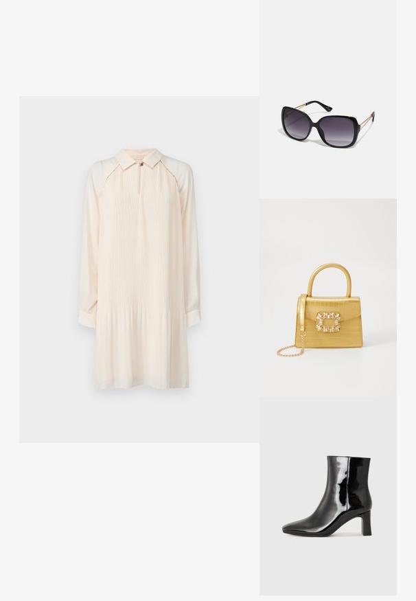 LIU JO ABITO - Nappali ruha - naturale; Fekete lakk bőrcipő bokáig érő, hegyes orral és közepes magasságú tömbsarokkal. Simább textúrával és minimalista dizájnnal rendelkezik.; Fekete, oversize napszemüveg fokozatos árnyalatú lencsékkel, vastag kerettel és arany színű lánc díszítéssel a szárakon.; Sárga műbőr krokodil mintás kézitáska strukturált kialakítással, felső fogantyúval, leválasztható lánccal és díszes kristály díszítéssel a záron.