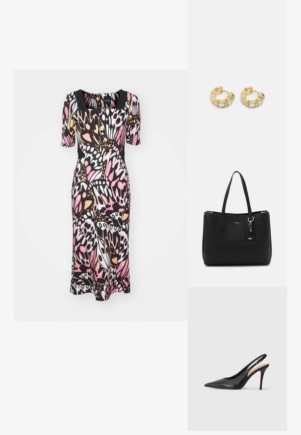 Mehrfarbiges Kleid mit quadratischem Ausschnitt und kurzen Ärmeln. Gefertigt aus dehnbarem Stoff mit einem Schmetterlingsdruck in Pink, Schwarz und Weiß.; Schwarze Leder-Slingback-Pumps mit spitzer Zehenform, glatter Textur und einem zarten Riemen mit einer metallischen Schnalle.; Schwarze Tragetasche aus strukturiertem synthetischem Material, mit zwei Griffen, einem goldenen Logo-Schild und einem kleinen Anhänger mit Akzentdetail.; Goldene Creolen mit einem strukturierten Design und drei klaren Kristallakzenten auf einer Seite, die eine moderne geometrische Ästhetik bieten.