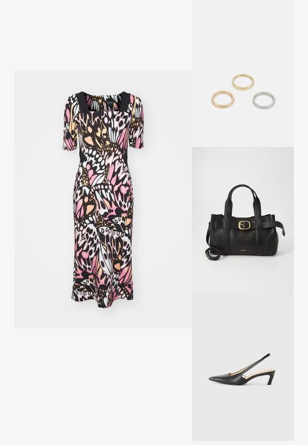 Rochie multicolor cu decolteu pătrat și mâneci scurte. Confectionată dintr-un material elastic, cu un model de fluturi în nuanțe de roz, negru și alb.; Pantof cu toc mic, cu vârf ascuțit și slingback, realizat din piele netedă, având un design decupat pe lateral pentru respirabilitate.; Geantă de mână din piele neagră, cu un design structurat, mânere superioare duale, accent cu cataramă aurie și logo-ul brandului embosat în față.; Trei inele din metal: unul roz aurie, unul auriu cu accente texturate și unul argintiu, toate cu branding gravat pe banda interioară.
