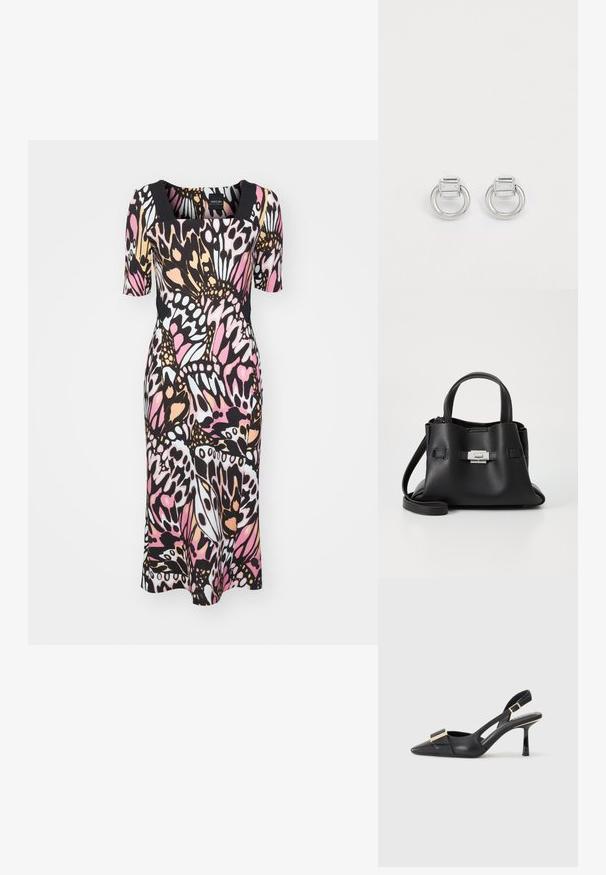 Többszínű ruha négyzet alakú nyakkivágással és rövid ujjakkal. Rugalmas anyagból készült, amely lepke mintával van díszítve rózsaszín, fekete és fehér színekben.; Fekete bőr slingback cipő hegyes orral, karcsú sarkal és aranyszínű kiegészítővel a lábfej résznél. Simább szerkezet és letisztult dizájn.; Fekete bőr kézitáska struktúrált felülettel, két felső fogantyúval, levehető vállpánttal és ezüst színű csattal.; Ezüst fém fülbevalók, amelyek egy téglalap alakú kőből állnak, és egy kör alakú gyűrű tetején helyezkednek el. Simább textúra, minimalista design és geometrikus forma jellemzi őket.