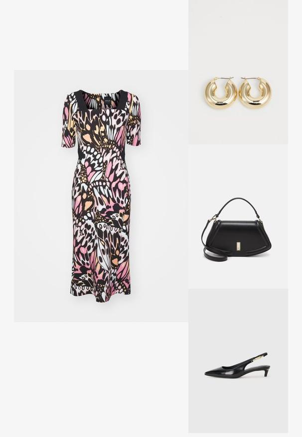 Robe multicolore avec un décolleté carré et des manches courtes. Conçue en tissu extensible avec un imprimé papillon dans les tons rose, noir et blanc.; Talons hauts en cuir noir avec un bout pointu, dotés d'un talon fin et d'un accent en ton or sur la lanière réglable. Texture lisse.; Sac à main en cuir noir avec un design structuré, featuring une forme cropped, une poignée supérieure et des accents en matériel doré. Bandoulière réglable incluse.; Boucles d'oreilles créoles en or avec un design lisse et arrondi et une finition brillante, dotées d'un fermoir pour un maintien en sécurité. Gravées avec "DKNY."