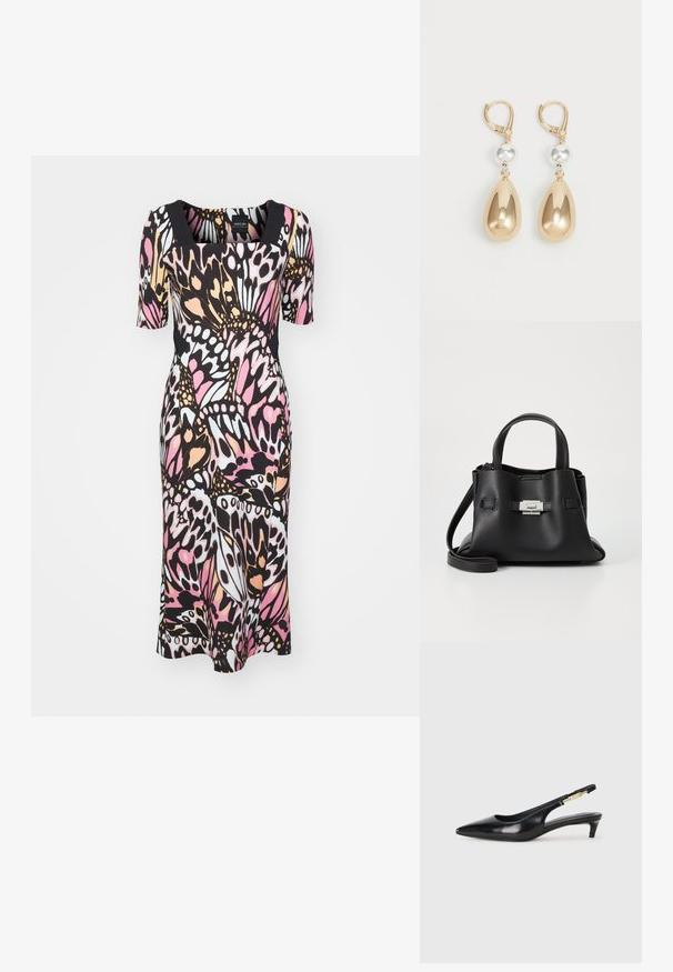 Daugiaspalvė suknelė su kvadrato formos iškirpte ir trumpomis rankovėmis. Pagaminta iš tamprios medžiagos, puošta drugelių raštu rožinės, juodos ir baltos spalvų.; Juodas odinis pavasario batelių modelis su smailiu nosiu, turintis siaurą kulniuką ir auksinės spalvos akcentu reguliuojamoje juostoje. Lygi tekstūra.; Juodas odinis rankinės su tekstūruota apdaila, turintis dvi viršutinės rankenos, nuimamą peties diržą ir sidabrinį užsegimą.; Aukso spalvos lašai formos auskarai, su blizgiu metaliniu paviršiumi ir sidabro spalvos karoliuku kaip akcentu.