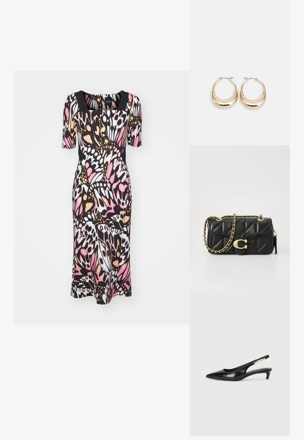 Viacfarebné šaty s hranatým výstrihom a krátkymi rukávmi. Vyrobené z elastického materiálu s motívom motýľov v ružovej, čiernej a bielej farbe.; Čierne kožené slingback opätky s špicatou špičkou, s úzkym opätkom a zlatým detailom na nastaviteľnom remienku. Hladká textúra.; Čierna lesklá kožená kabelka s prešívaním, so zlatým reťazovým popruhom a uzáverom na klip s okrúhlou ozdobou. Kompaktný obdĺžnikový tvar.; Zlaté kruhové náušnice s polmesiacovým tvarom, lešteným povrchom a pántovým uzáverom. Hladká textura a reflexný lesk zvyšujú viditeľnosť.
