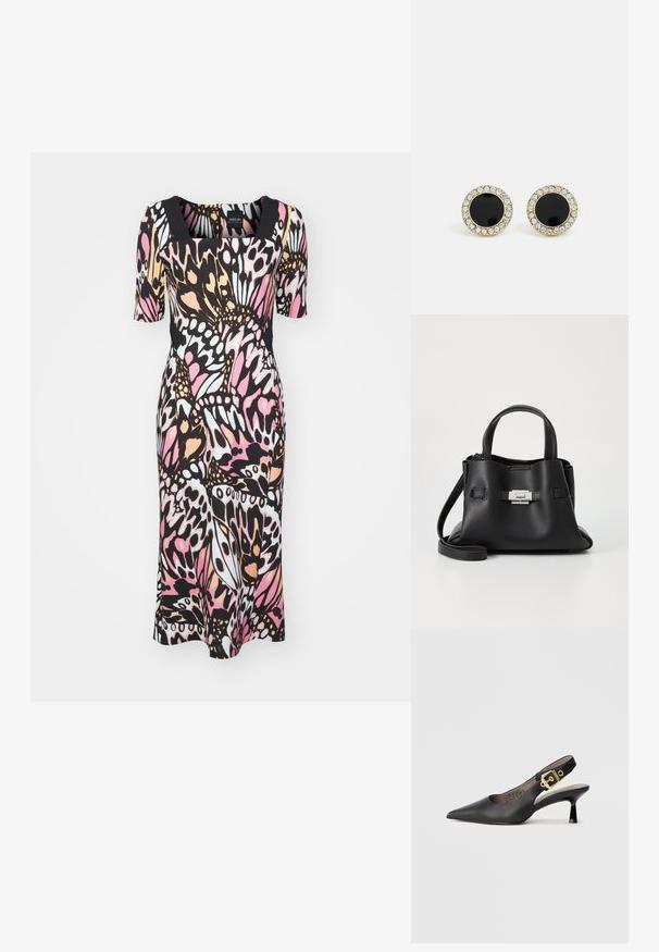 Flerfarvet kjole med firkantet udskæring og korte ærmer. Fremstillet af strækbart stof med et sommerfugleprint i pink, sort og hvid.; Sort slingback højhælt sko med spids tå, glat læderstruktur og en guldfarvet spændeaccent på remmen.; Sort læderhåndtaske med en tekstureret overflade, der har to bærehåndtag, en aftagelig skulderrem og en detalje med sølvspænde.; DKNY INLAY STUD - Øreringe - black/gold-coloured