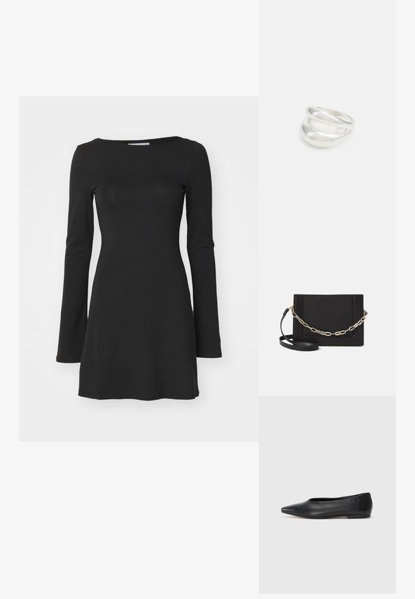 Duga crna haljina dugih rukava izrađena od mekog, rastezljivog materijala; ima okrugli izrez i lepršav siluetu, pogodna za svakodnevno nošenje.; Crne kožne balerinke, uski vrh, minimalistički dizajn, glatka tekstura, niska peta, bez vidljivih dodataka ili ukrasa.; Crna kožna torba preko tijela s glatkom teksturom, pravokutnim oblikom i metalnim lancem na prednjoj strani. Uključena je podesiva naramenica.; Srebrna dvostruka prsten s glatkom, poliranom površinom. Karakterizira ga fluidan, zakrivljen dizajn s preklapajućim sekcijama za moderan izgled.