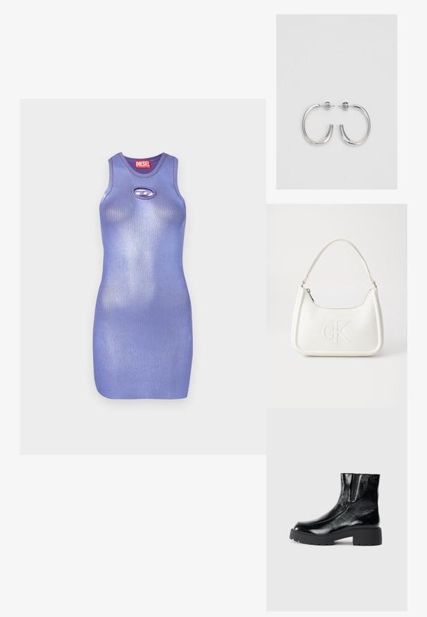 Violetā ribota adīta kleita ar apaļu dekoltē un atslēgas formas izgriezumu. Gluda, pieguļoša piegriezuma dizains. Zīmola nosaukums redzams uz etiķetes.; Melnas potītes zābaki ar spīdīgu lakotu ādas apdari, masīvu melnu gumijas zoli un paaugstinātu papēdi; satur subtilu logotipa detaļu sānu daļā.; Balta ādas rokassoma ar noapaļotu formu, uz kuras priekšpuses ir izgriezts "CK" logo un viena plecu siksna. Augšā aizverama ar rāvējslēdzēju.; Sudraba riņķveida auskari ar gludu, spīdīgu apdari. Apaļas formas, viegla dizaina, ar aizdari uz stieples.