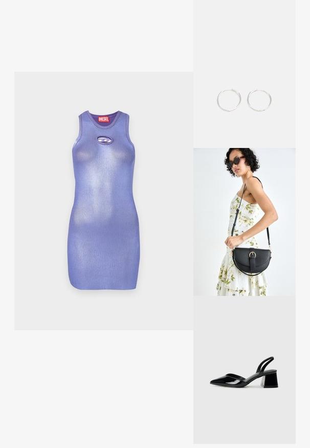 Robe en maille côtelée violette avec un col rond et détail de découpe en forme de clé. Design élégant et cintré. Nom de la marque affiché sur l'étiquette.; Escarpins en cuir verni noir avec bout pointu et talon bloc géométrique. Présente un design élégant et minimaliste ainsi qu'une texture lisse.; Sac à main en cuir noir avec une forme courbée, bandoulière amovible et des accessoires en or. Le sac est doté d'un rabat avec un détail de boucle.; Boucles d'oreilles en argent avec un design rond et épuré, présentant une surface lisse et sans embellissements visibles. Diamètre non spécifié.