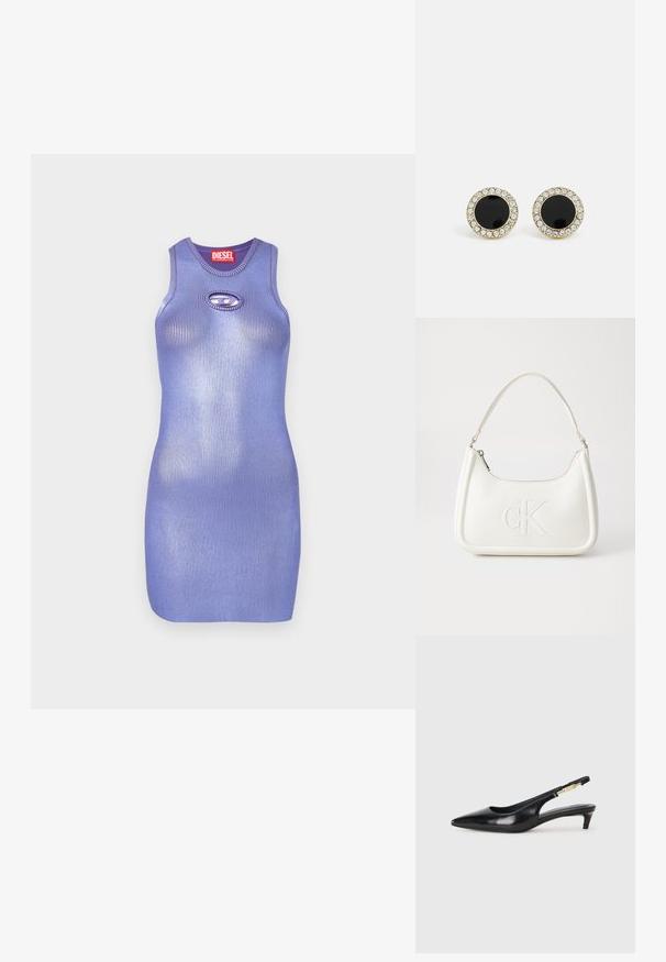 Rochie tricotată ribbed violet, cu decolteu rotund și detaliu tăiat în formă de cheie. Design sleek, care se conturează pe corp. Numele brandului afișat pe etichetă.; Sandale slingback din piele neagră cu vârf ascuțit, având un toc subțire și un accent de culoare aurie pe curea ajustabilă. Textură netedă.; Geantă de umăr din piele albă cu formă curbată, având un logo "CK" embosat pe partea din față și un singur braț de umăr. Închidere cu fermoar în partea de sus.; DKNY INLAY STUD - Cercei - black/gold-coloured
