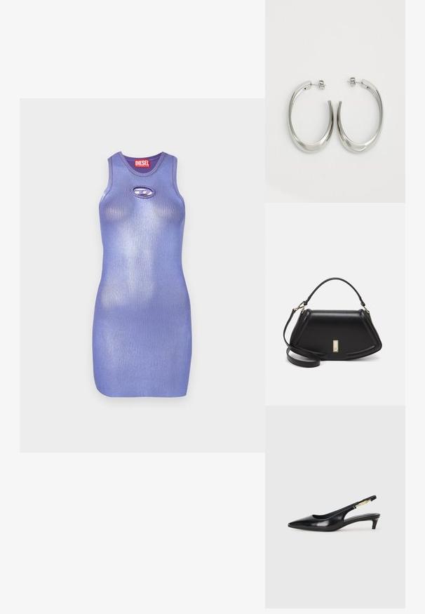 Violetti ribattu neulemekko, jossa on pyöreä pääntie ja avainreiän muotoinen leikkuu. Suora, vartalonmyötäinen muotoilu. Brändin nimi näkyy tarrassa.; Mustat nahkaiset slingback-korkokengät, joissa on terävä kärki, ohuet korot ja kultasävytteinen yksityiskohta säädettävässä hihnassa. Silkkinen pinta.; Mustalla nahkalaukulla, jossa on jämäkkä muotoilu, lyhyt malli, yläkahva ja kultaiset yksityiskohdat. Säädettävä olkahihna sisältyy.; Hope hopeista, joissa on sileä, kaareva muotoilu. Varustettu kiiltävällä metallipinnoitteella ja nappikiinnityksellä. Ei näkyviä kuvioita tai koristeluja.