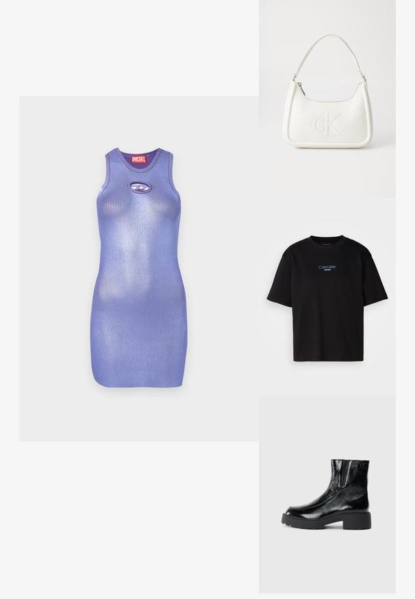 Vijolična rebrasta pletena obleka s krožnim izrezom in detajlom s ključavnico. Skladen, telesu prilegajoč dizajn. Ime blagovne znamke prikazano na etiketi.; Črna bombažna majica s krožnim izrezom, kratkimi rokavi in modrim vezenim logotipom "Calvin Klein JEANS" na sprednji strani.; Črne gležnarje z sijajnim patentiranim usnjem, debele črne gumijaste podplate in dvignjen petni del; vključujejo subtilen logotip na strani.; Bela usnjena torbica s ukrivljeno obliko, ki na sprednji strani nosi vžgano logo "CK" in ima eno naramnico. Zadrga za zapiranje na vrhu.