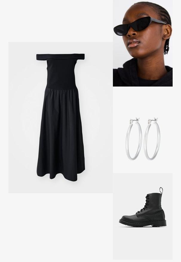 Black off-the-shoulder dress with a fitted bodice and a flowing, gathered skirt, made from lightweight fabric. Smooth texture, knee-length.; Black leather combat boot with a round toe, lace-up front, and a pull tab at the ankle. Features a thick rubber sole for durability.; Black cat-eye sunglasses with a matte finish, featuring a sleek design and gently curved edges, set against a model's dark clothing.; Silver hoop earrings with a smooth, polished finish. Round shape and secure click-top closure. Lightweight design suitable for everyday wear.